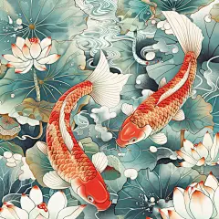 古风鱼戏水荷花插图C002-2