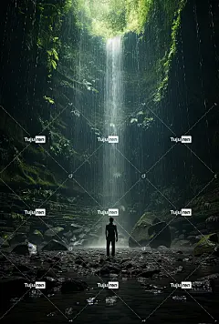 一名男子站在巴厘岛瀑布洞内的中心海报