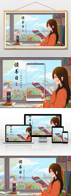 温馨读书日少女猫咪书插画