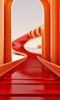3d image of a red curved road leading into a room, in the style of rendered in cinema4d, commercial imagery, valentine hugo, orange and gold, advertisement inspired, playful use of line, traincore