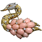 Vourakis angel akin coral & diamond swan brooch, Greece  1970s