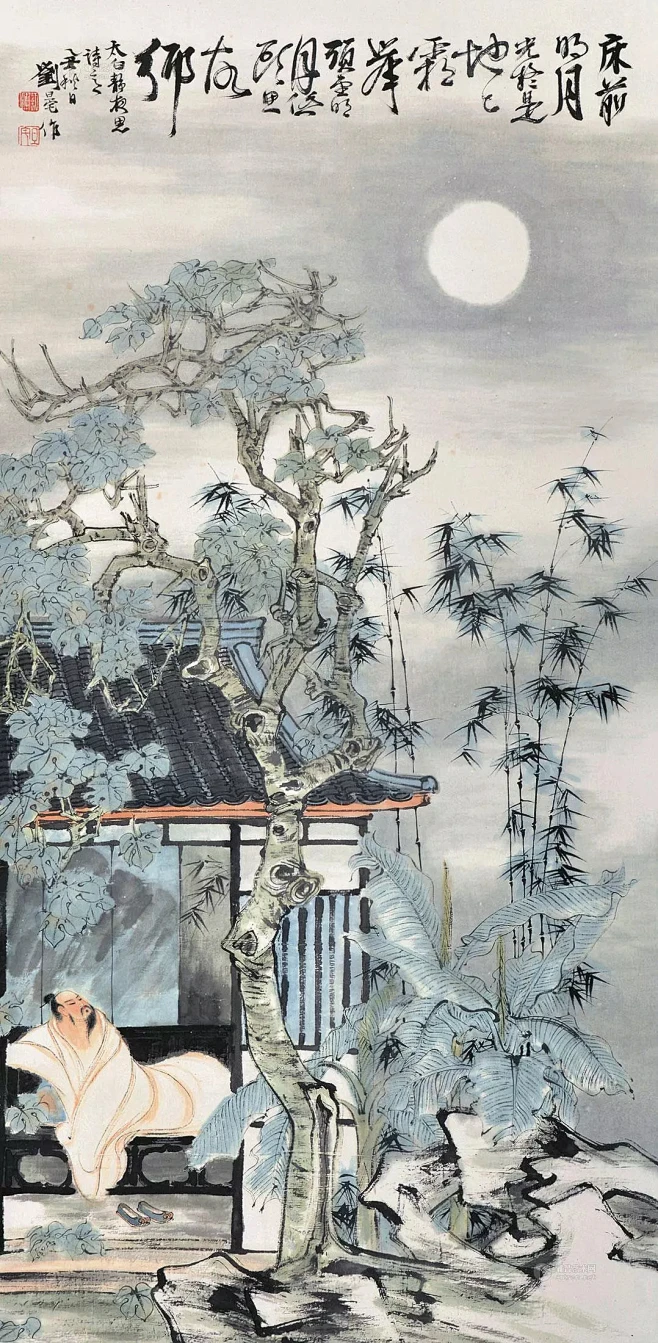 李白《静夜思》诗意 床前明月光，疑是地上霜。举头望明月，低头思故乡。-花瓣网