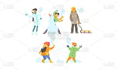 冬季活动集，堆雪人，打雪仗，孩子们玩得很开心，享受雪矢量插画