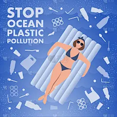 阻止海洋塑料污染。生态的海报。女人在充气床垫上发短信。水中有蓝色背景的塑料垃圾、瓶子、袋子。塑料的问