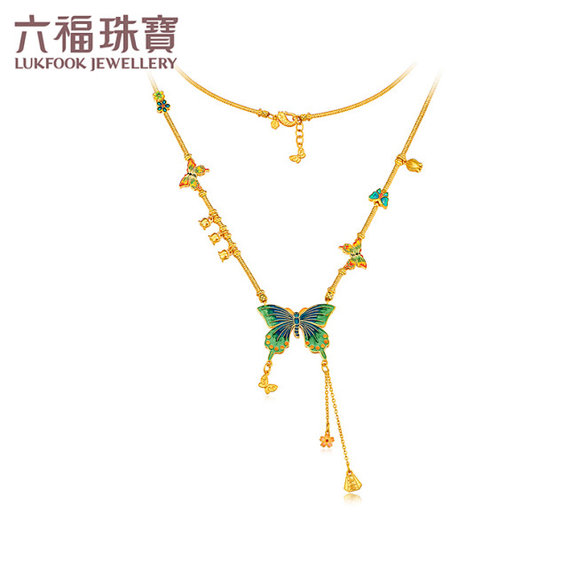 六福珠宝福满传家蝴蝶恋花黄金项链锁骨珐琅...