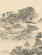 中式 山水 建筑 房子 亭子 船 树 手绘 壁画 壁纸 墙画 背景墙 电视背景 床头背景 卧室 酒店