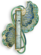 A plique-à-jour enamel and glass brooch, designed by Ivor Gordon. The central rectangular foiled eau-de-nil glass plaque, circa 1910, by Lalique, encased in a contemporary mount with diamond terminals, issuing pale blue/green plique-à-jour enamel blooms t