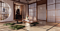 日式沙发在房间热带室内榻榻米垫子地板和白色墙壁。三维渲染