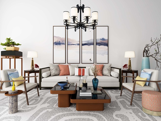 新中式沙发茶几吊灯地毯组合-室内设计-拓...