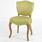 法式乡村绿色印花绸缎布艺软包餐椅 做旧橡木弯腿混搭设计师家具