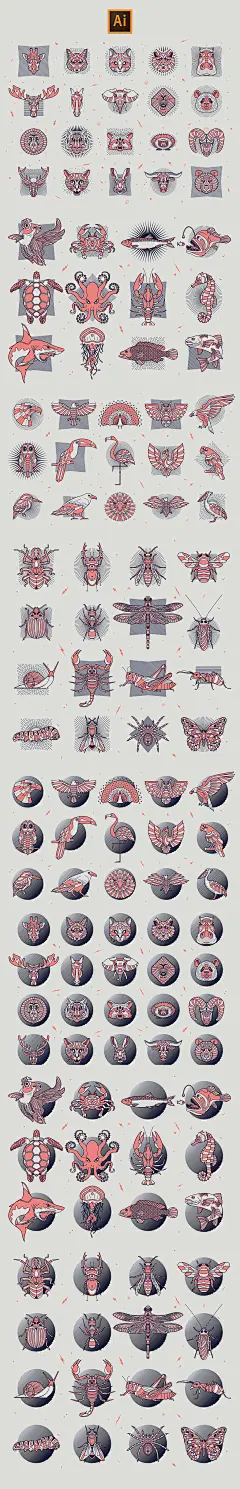 线描手绘野生动物海洋生物鸟类昆虫图标元素