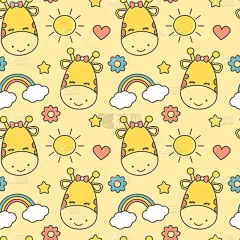 可爱可爱的无缝矢量图案背景。插图的孩子卡通长颈鹿，太阳，彩虹，心，星星和花