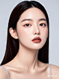 亚洲美女模特 医美模特 面部正脸 五官精致  颈部线条流畅 简约背景 抬头深邃眼眸 侧脸 浅唇色 无截切 半身无遮挡 高级感 现代风格 朴素大方 素颜 大中景 模特 哑光裸色口红