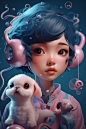Cute and adorable cartoon asian girl with space squid pigtails, along side pet fluffy dog, pet ferret, fantasy, dreamlike, surrealism, super cute, trending on artstation