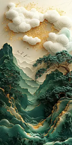 翠绿云隐 古韵山水插画壁纸 - 小红书
