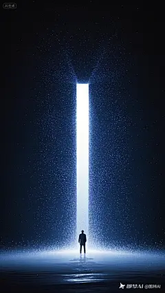 无境空间，存在法则，空洞，深黑蓝色，简约，干净画面，平滑，复古胶片，微小人物，抽象，磨砂，走进，光景，虚拟，粒子，漂浮，极简主义，干净的画面，没有文字，极简主义，极致构图，完美构图，极致留白，大面积留白，肌理磨砂，电影海报，插画，东方美学，大量留白，原研哉的美学，索尔·巴斯的几何排版，奥利·莫斯的分层故事讲述，12K超细节，电影照明