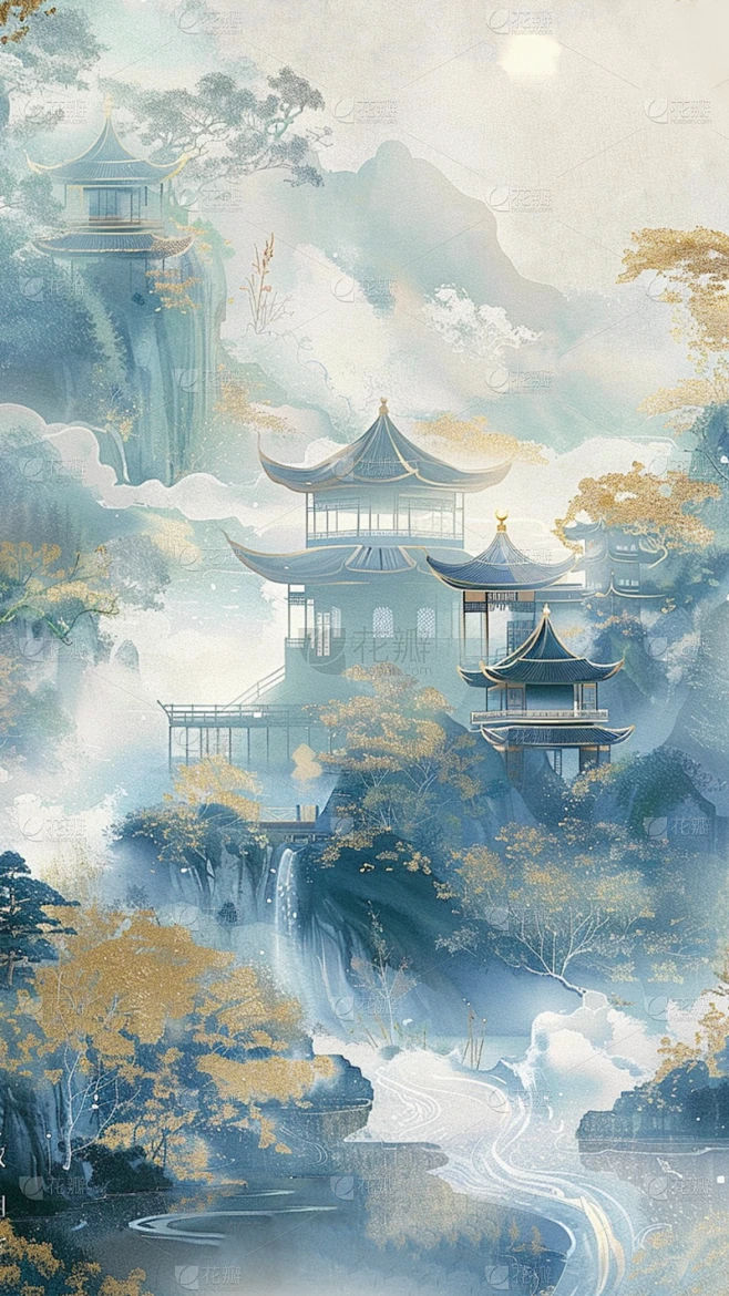 通用中国风中式仙侠风国风山水背景素材素材-花瓣网