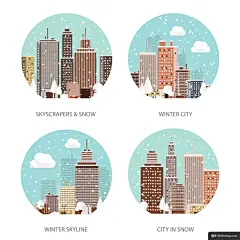 都市雪景城市飘香圆形边框冬季节日手绘主题海报模板矢量素材