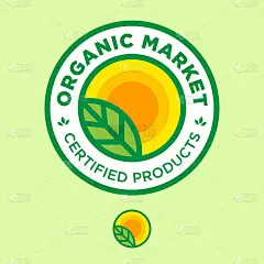 有机农场会徽。有机食品标志。字母O代表太阳，叶子在圆形框架内。