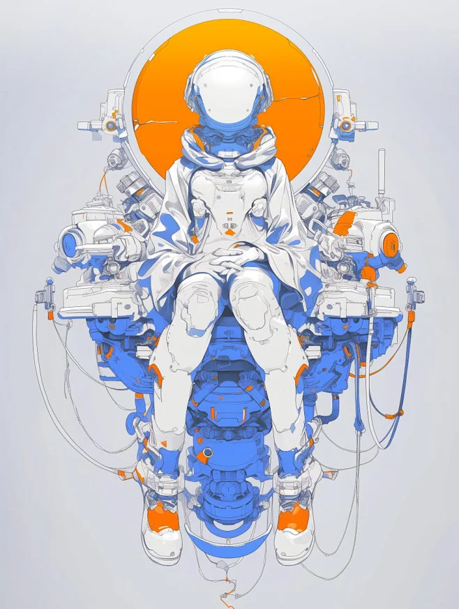 浮遊するメカ椅子に座るまんまるヘッドサイボーグさん Round head cyborg girl sitting on a floating ...