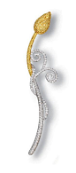 A COLOURED DIAMOND AND DIAMOND BROOCH. Designed as a pavé-set yellow diamond rose bud to the pavé-set diamond stem, mounted in 18k white and yellow gold, 8.8 cm long.: