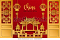 中國館拱門，門燈與紅紙切割藝術和工藝風格的彩色背景。
