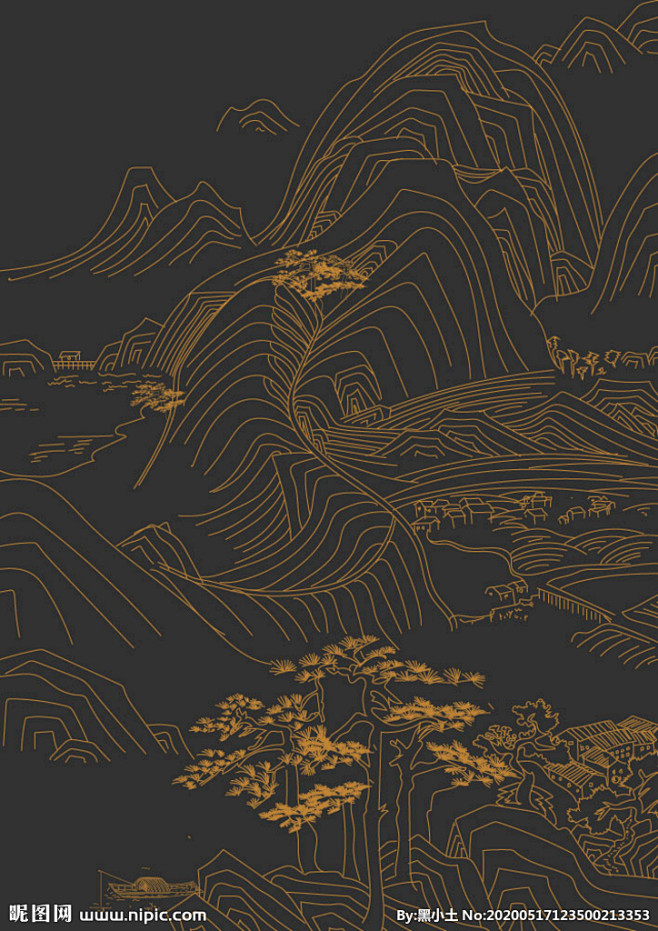 锦绣山水画金色线条中国风