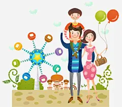 一家人游乐园插画免抠素材_新图网 https://ixintu.com 卡通 手绘 摩天轮 气球