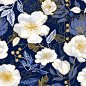 floral prints，in the style of bold graphic illustrations, line art,blue and white and gold, illustrated advertisements, softly organic