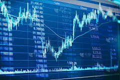 摘要金融烛台图与折线图和股票数字在双重曝光风格背景下