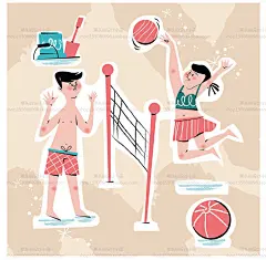 创意卡通插画冲浪沙滩排球度假放风筝美发远行旅游插画矢量UI素材-淘宝网