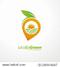Locally grown food from local farmers vector label template. Vegetable logo design concept layout. Fruit symbol with sun and fields. 