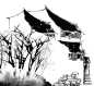 中国风手绘水墨古风江南山水徽派建筑屋檐房檐房屋黑白工笔画