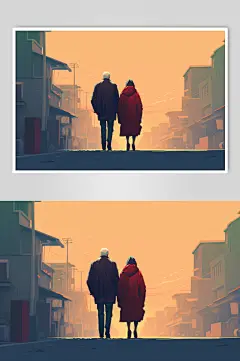 AI数字艺术重阳节温馨老年人背影插画