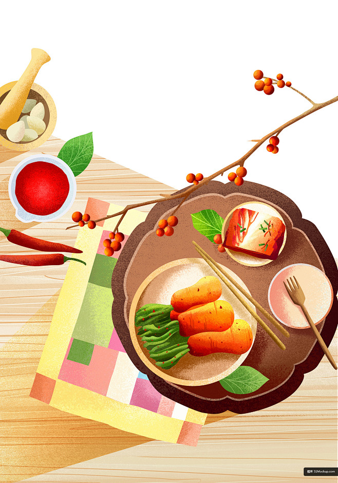 腌制辣酱 泡菜萝卜 美食手绘 水彩插画设...