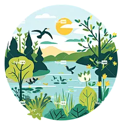 世界湿地日和平的森林湖绿化野生动物-宁静的森林场景，有湖泊、野生动物和植被