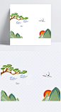 油画中国风png素材|祥云,白鹤,山脉,太阳,景物,松树,卡通元素,手绘/卡通