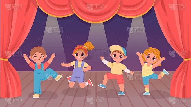 卡通小孩在剧场舞台上表演舞蹈。幼儿园男生女生小组活动。儿童舞蹈展示矢量概念素材-花瓣网