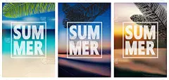 五彩缤纷的夏季横幅，热带背景设置棕榈，海，云，天空，海滩。