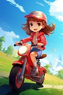 卡通可爱骑电动车的男孩女孩插画