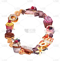甜点,甜食手绘水彩画框架.水瓶蛋糕，巧克力蛋糕，饼干与文字空间相邻。美味的糕点和甜食花环，与白色背景