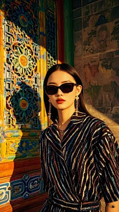 人像摄影，一位现代中国年轻女性，戴着墨镜，时尚，身后是多彩艺术，极具古典韵味的构图，体积光，全身照，脸部细节，红润皮肤 (1)