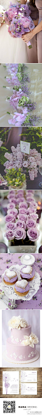 淡紫色的婚礼布置透着法国式的纯美和浪漫，有种置身普罗旺斯薰衣草园的错觉，温馨又浪漫。新郎的胸花，新娘手捧花，婚礼蛋糕，婚礼餐桌，还有婚礼甜品桌上的布置，都可以用淡紫色。