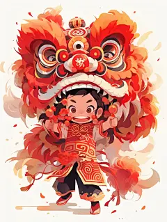 舞狮少年水彩插画喜庆海报