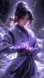 弈信ai图图：ai绘画（古风）（特效）咒语分享：a Chinese handsome girl, sharp eyes, clear facial features, dressed in Hanfu, in battle, in the middle of black smoke flow, covered with purple smoke, Surrounded by runes, martial arts action ,holographic display, holographic halo,