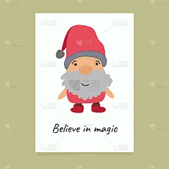 戴红帽子穿红靴子的小矮人。印有“相信魔法”字样的印刷海报。童话侏儒插图在卡通风格