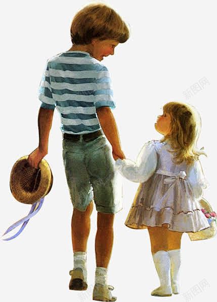 人物高清素材 哥哥牵着妹妹的手 插画人物...