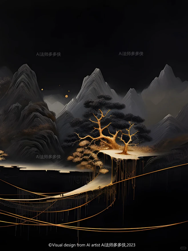 东方美学-鎏金山水|国风山水风景插画图片_别墅图片素材-花瓣网