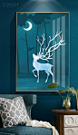 轻奢新中式抽象发财树麋鹿北欧晶瓷装饰画