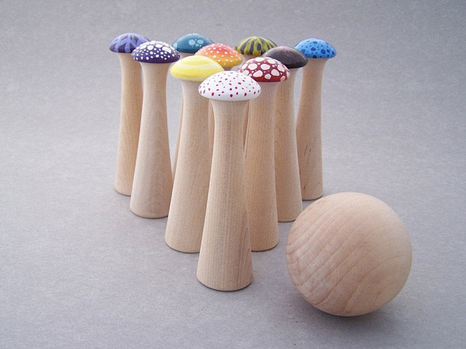 木制蘑菇保龄球玩具_木头控